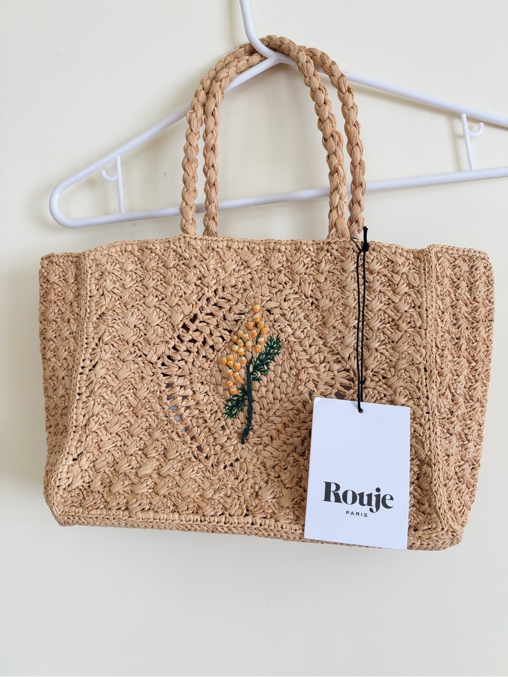 Rouje Raffia Tote Bag with Yellow Floral Embroidery